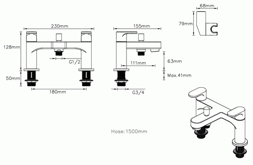 Additional image for Basin & Bath Shower Mixer Tap Pack With Kit (Chrome).