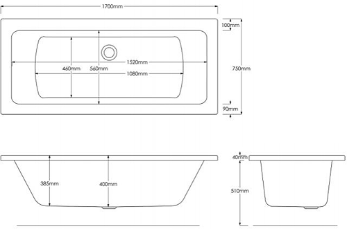 Additional image for Solarna Double Ended Whirlpool Bath With 6 Jets (1700x750mm).