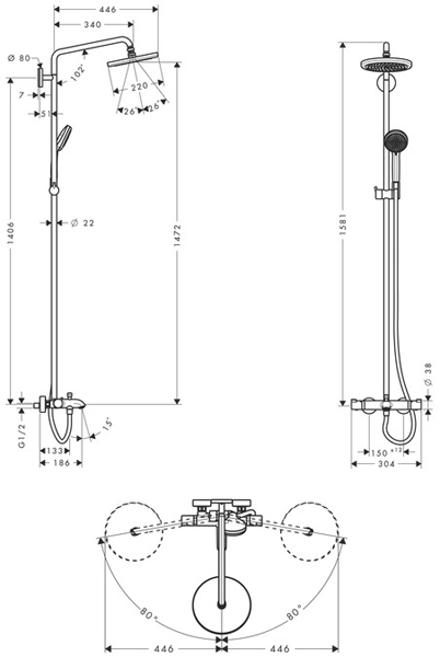 Additional image for Croma 220 Air 1 Jet Showerpipe Pack With Bath Filler Spout (Chrome).