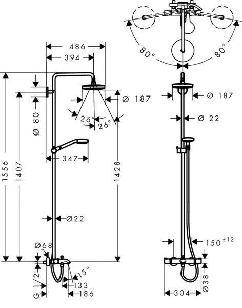 Additional image for Croma Select S 180 2 Jet Showerpipe Pack With Bath Filler Spout.