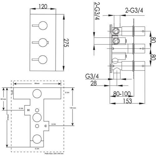 Additional image for Concealed Thermostatic Shower Valve (3 Outlets, Brushed Black).