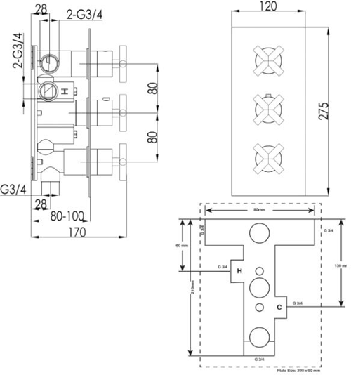 Additional image for Concealed Thermostatic Shower Valve (3 Outlet, Brushed Brass).