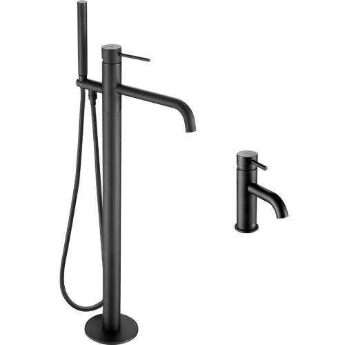 Additional image for Basin & Floor Standing Bath Shower Tap, Designer Handles (M Black).