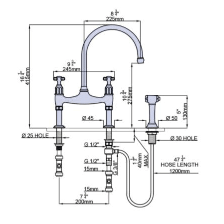 Additional image for Kitchen Tap With X-Heads & Rinser (Aged Brass).