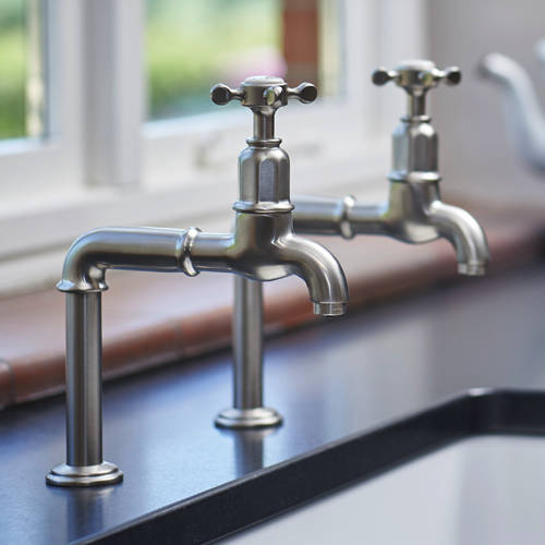 Additional image for Deck Mounted Bib Taps With X-Head Handles (Pewter).