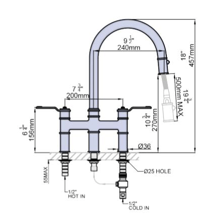Additional image for Kitchen Tap With Lever Handles & Rinser (Nickel).