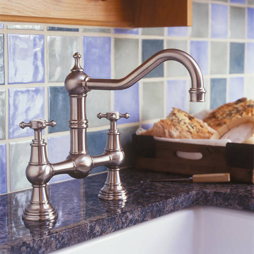 Additional image for Bridge Kitchen Tap With X-Head Handles (Pewter).