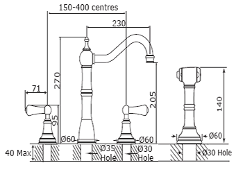 Additional image for 4 Hole Kitchen Tap With Lever Handles & Rinser (Gold).