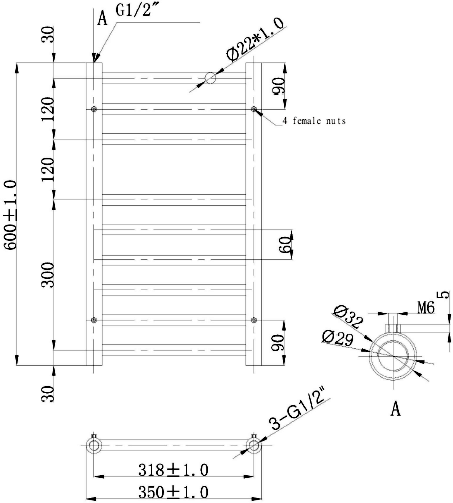 Additional image for Athena Towel Radiator (9 Rails, Stainless Steel). 350x600.