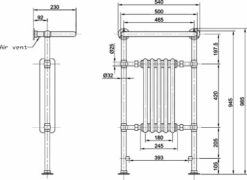 Additional image for Harrow Traditional Heated Towel Rail. 540x965mm.