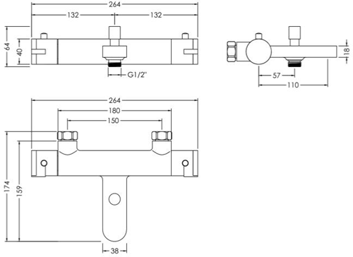 Additional image for Wall Mounted Thermostatic Bath Shower Mixer Tap (Chrome).