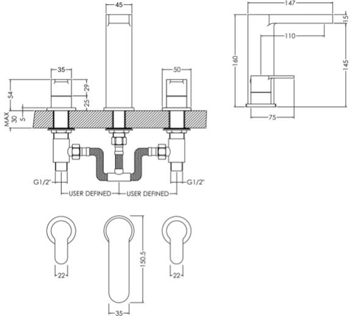 Additional image for 3 Hole Basin Mixer Tap With Waste (Chrome).