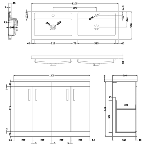 Additional image for Vanity Unit With 4 x Doors & Double Basin (Hacienda Black).