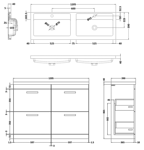 Additional image for Vanity Unit With 4 x Drawers & Double Basin (Hacienda Black).