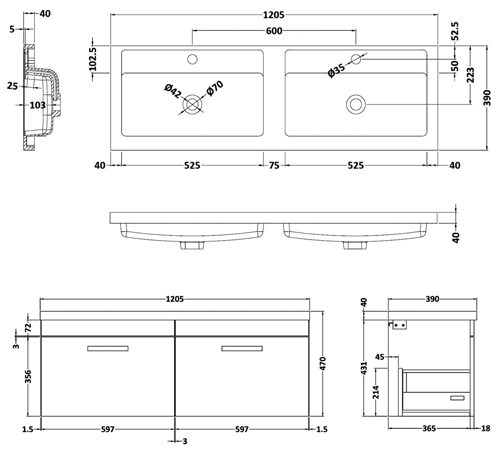 Additional image for Wall Vanity Unit With 2 x Drawers & Double Basin (Gloss White).