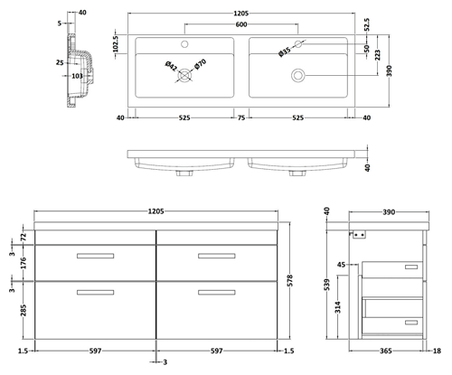 Additional image for Wall Vanity Unit With 4 x Drawers & Double Basin (Gloss White).