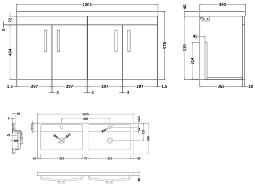 Additional image for Wall Vanity Unit With 4 x Doors & Double Basin (Gloss Grey).