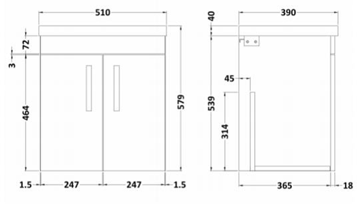 Additional image for Wall Vanity Unit With 2 x Doors & Basin 500mm (Gloss Grey Mist).