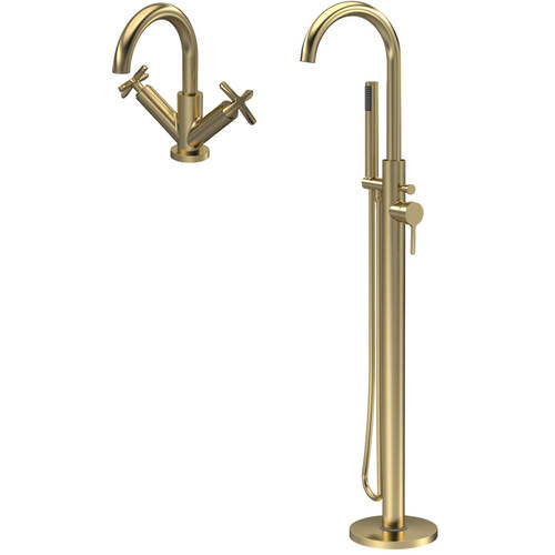 Additional image for Mono Basin & Floor Standing Bath Shower Mixer Tap Pack (Br Brass).