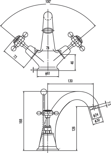 Additional image for Basin Mixer Tap With Crosshead Handles (White & Chrome).