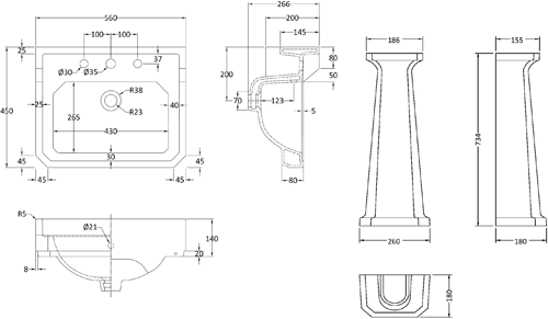 Additional image for Basin & Comfort Height Pedestal (3TH, 560mm).