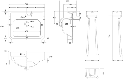 Additional image for Basin & Comfort Height Pedestal (1TH, 560mm).