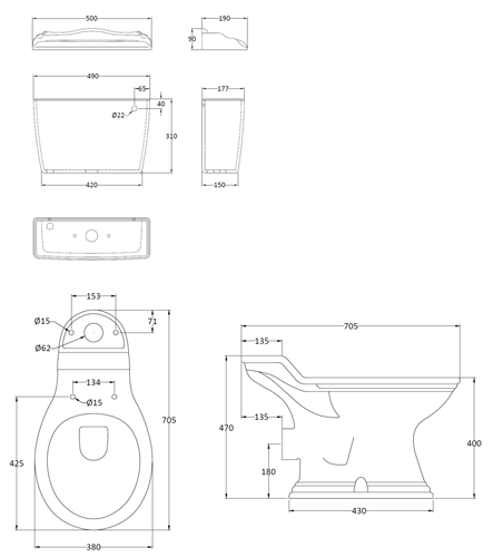 Additional image for Toilet & Wall Mounted Basin With 1 Tap Hole (500mm).