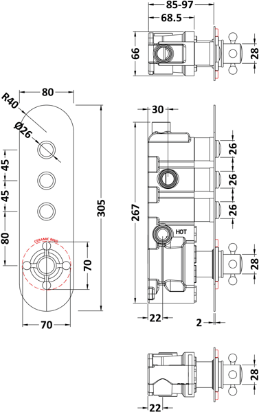 Additional image for Push Button Shower Valve With 3 Outlets (White & Chrome).