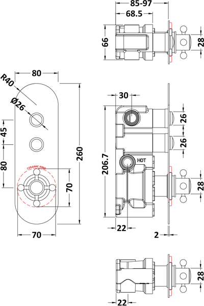 Additional image for Push Button Shower Valve With 2 Outlets (Black & Chrome).