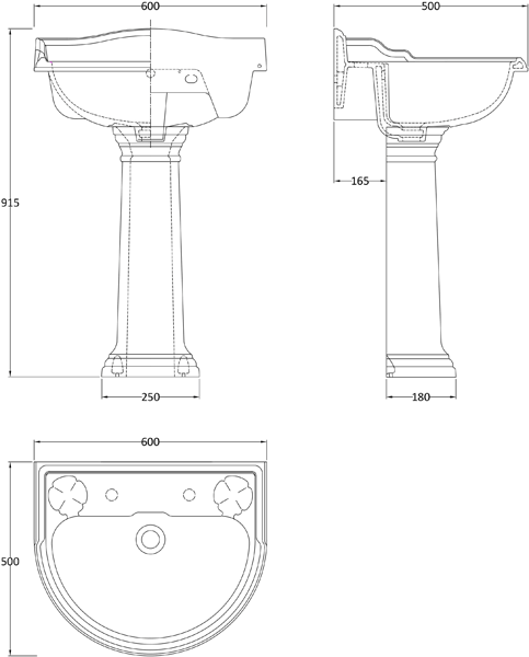 Additional image for Basin & Pedestal With 2 Tap Hole (600mm).