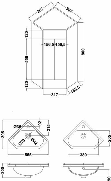 Additional image for Corner Vanity Unit With Door & Basin (555mm, White).