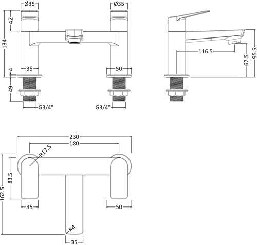 Additional image for Bath Filler Tap With Lever Handles (Chrome).