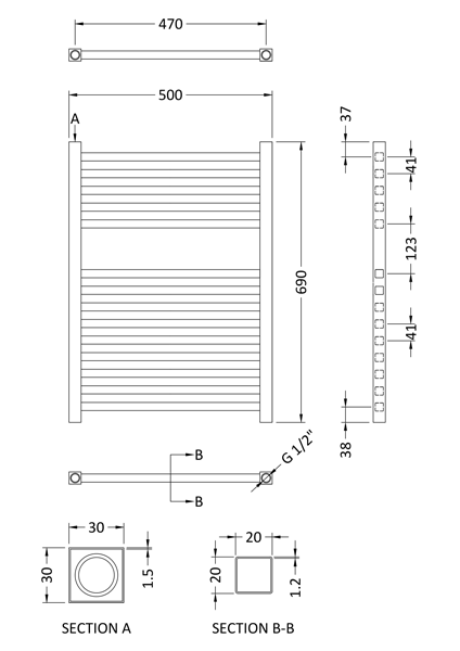 Additional image for Electric Towel Rail 500W x 690H mm (Chrome).