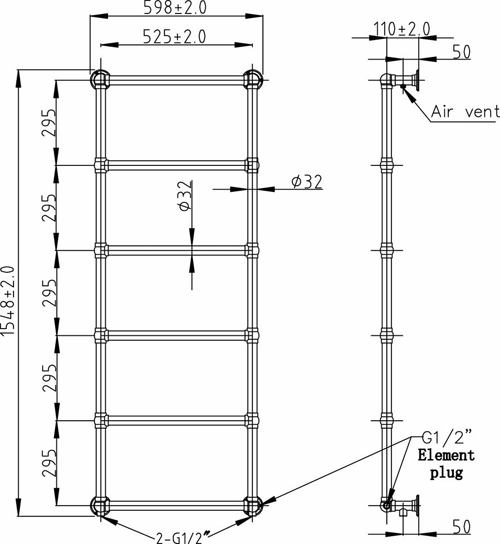 Additional image for Countess Wall Hung Towel Radiator. 1550x600 (Chrome).