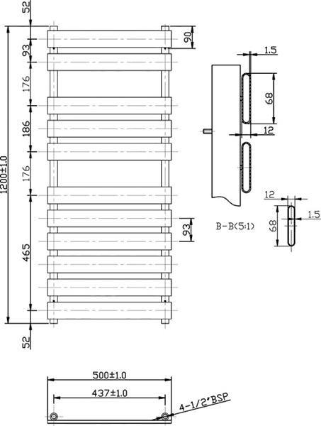 Additional image for Heated Towel Rail (Chrome). 500x1200mm. 1340 BTU.