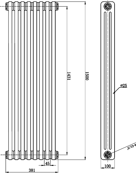 Additional image for 3 Column Vertical Radiator (White). 381x1500mm.