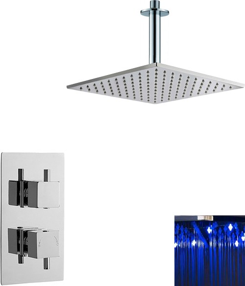 Additional image for Twin Thermostatic Shower Valve & Large LED Square Head.