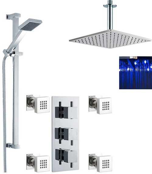 Additional image for Triple Shower Valve, LED Head & Slide Rail Kit & Body Jets.