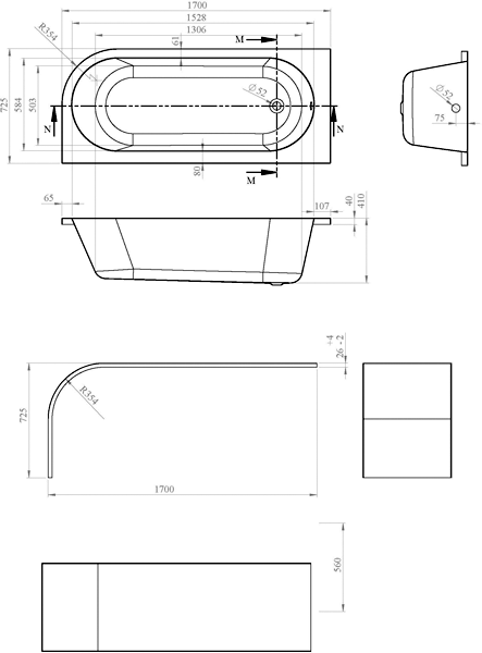 Additional image for Crescent Back To Wall Bath & Panel (Left Handed).