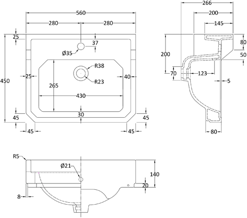 Additional image for Wall Hung Basin (1TH, 560mm).