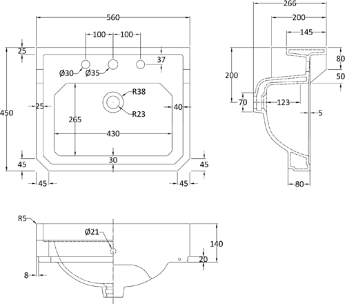 Additional image for Wall Hung Basin (3TH, 560mm).