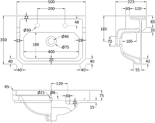 Additional image for Wall Hung Basin (2TH, 500mm).
