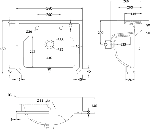 Additional image for Washstand With 560mm Basin (2TH, Chrome).