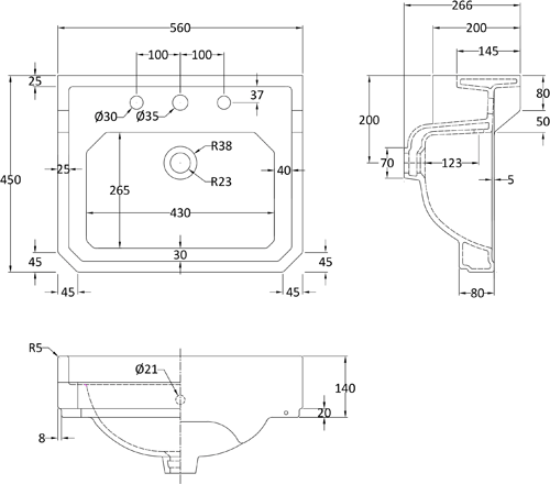 Additional image for Washstand With 560mm Basin (3TH, Chrome).