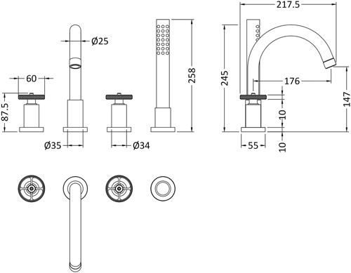 Additional image for Basin & 4 Hole Bath Shower Mixer Tap With Industrial Handles.