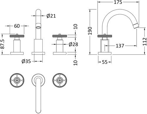 Additional image for 3 Hole Basin & 4 Hole Bath Shower Mixer Tap (Industrial).