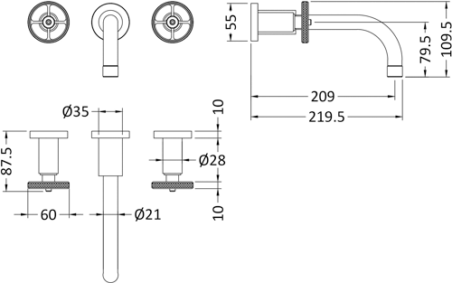 Additional image for Wall Basin & 4 Hole Bath Shower Mixer Tap (Industrial).