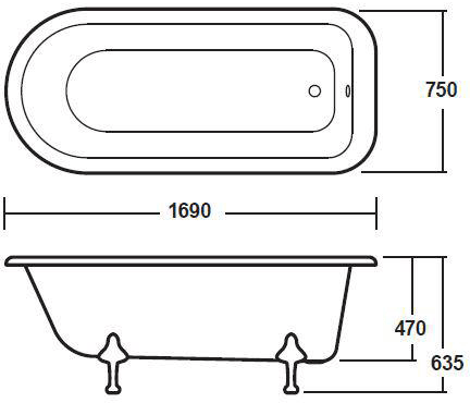 Additional image for Barnsbury Single Ended Roll Top Bath & Pride Feet 1700x750mm.