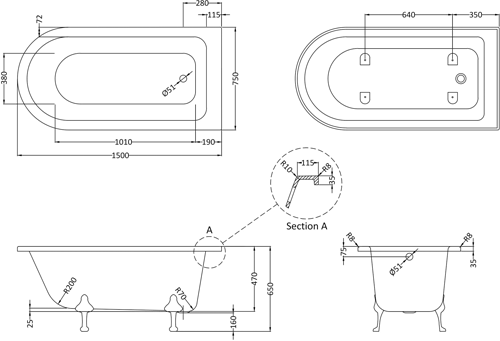 Additional image for Winterburn Shower Bath With Corbel Legs 1500mm.