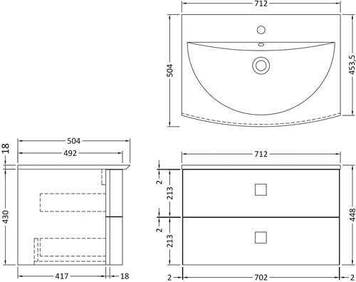 Additional image for Wall Hung Vanity Unit With 2 Drawers (700mm, Moon White).